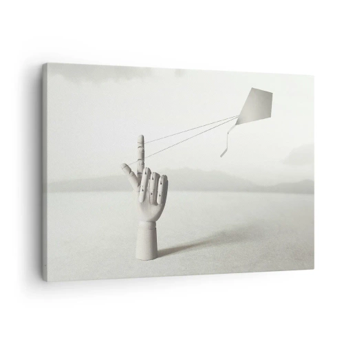 Obraz na plátně - Minimalistická dřevěná ruka s drakem na pozadí krajiny. - 70x50cm - Výzva - Moderní nástěnná dekorace do obývacího pokoje a ložnice ARTTOR