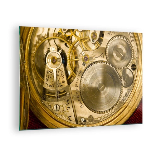 Obraz na skle - Hodinkový mechanismus ve zlaté povrchové úpravě - 70x50cm - Jdi s duchem času - Moderní nástěnná dekorace do obývacího pokoje a ložnice ARTTOR