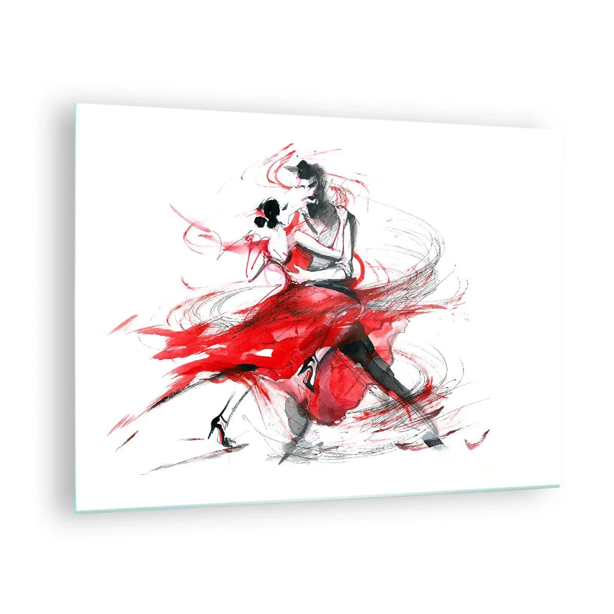 Obraz na skle - Dvojice tanečníků v dynamickém akvarelovém tanci - 70x50cm - Tango - rytmus náruživostí - Moderní nástěnná dekorace do obývacího pokoje a ložnice ARTTOR