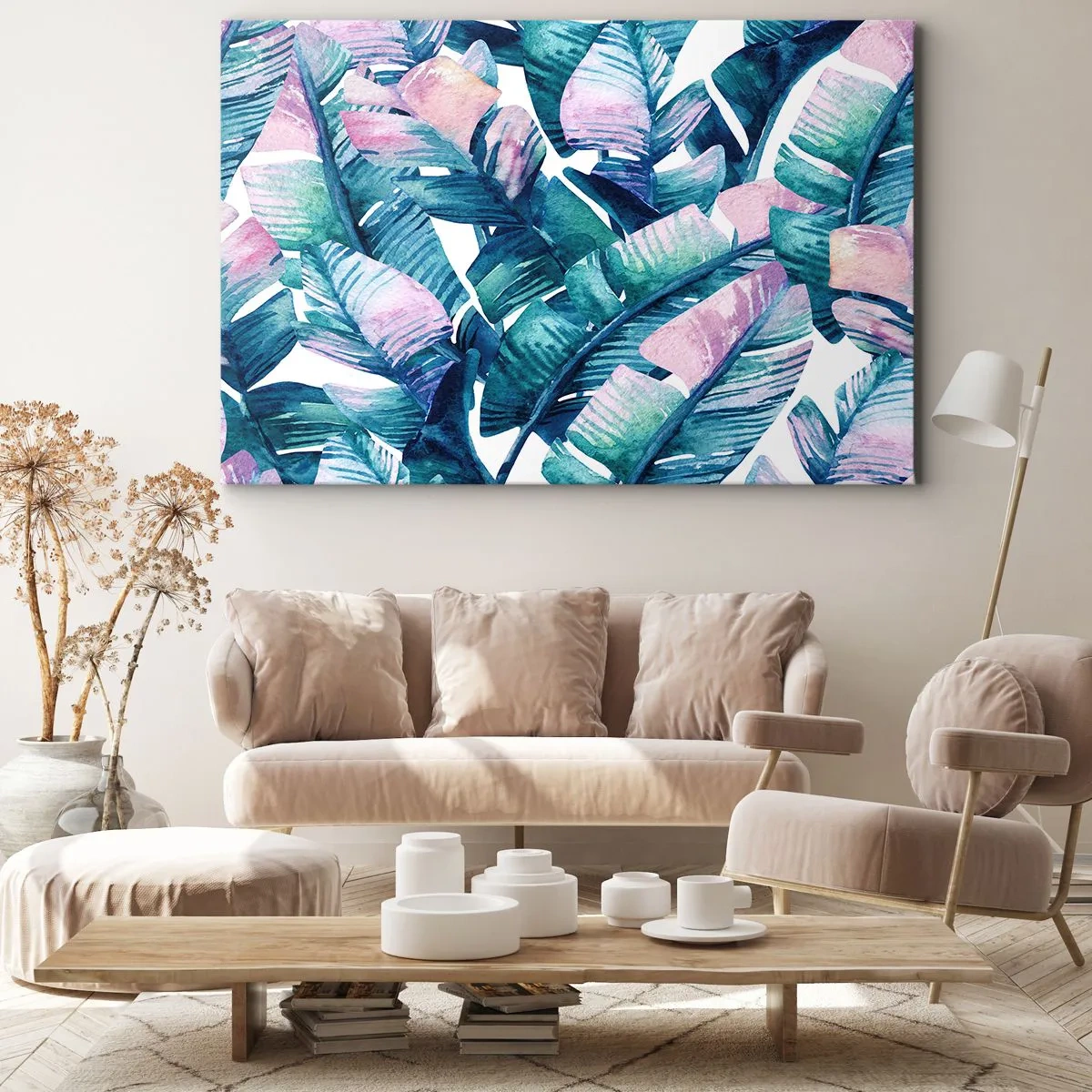 Obraz na plátně - Banánové listy v odstínech modré a růžové - 70x50cm - V banánovém háji - Moderní nástěnná dekorace do obývacího pokoje a ložnice ARTTOR