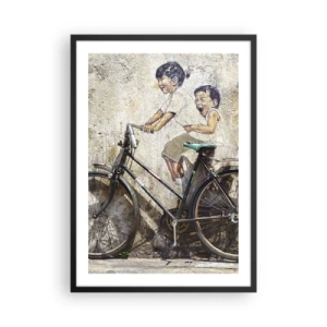 Plakát v černém rámu - Pouliční umělecká nástěnná malba s dětmi na kole - 50x70cm - Pravda nebo klam? - Moderní nástěnná dekorace do obývacího pokoje a ložnice ARTTOR