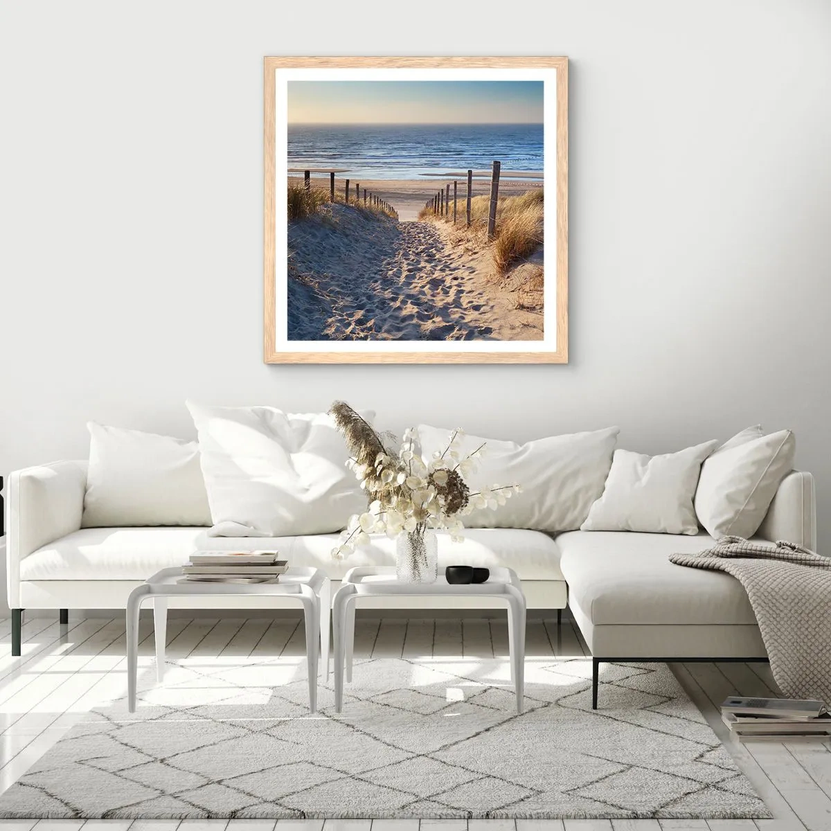 Plakát v rámu světlý dub - Šumění moře, zpěv ptáků, divoká pláž uprostřed trávy… - 60x60 cm