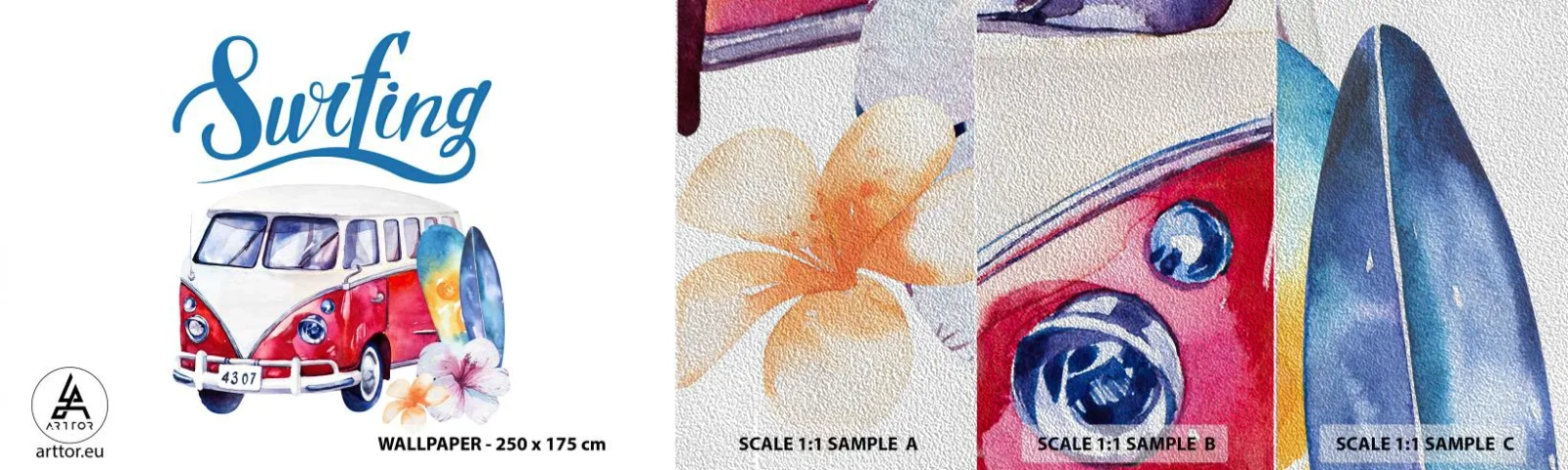 Vzor Fototapety Premium Sand - Okurka - klasika pro surfaře - Vintage autobus, Cestování, Surf - 100x30 cm