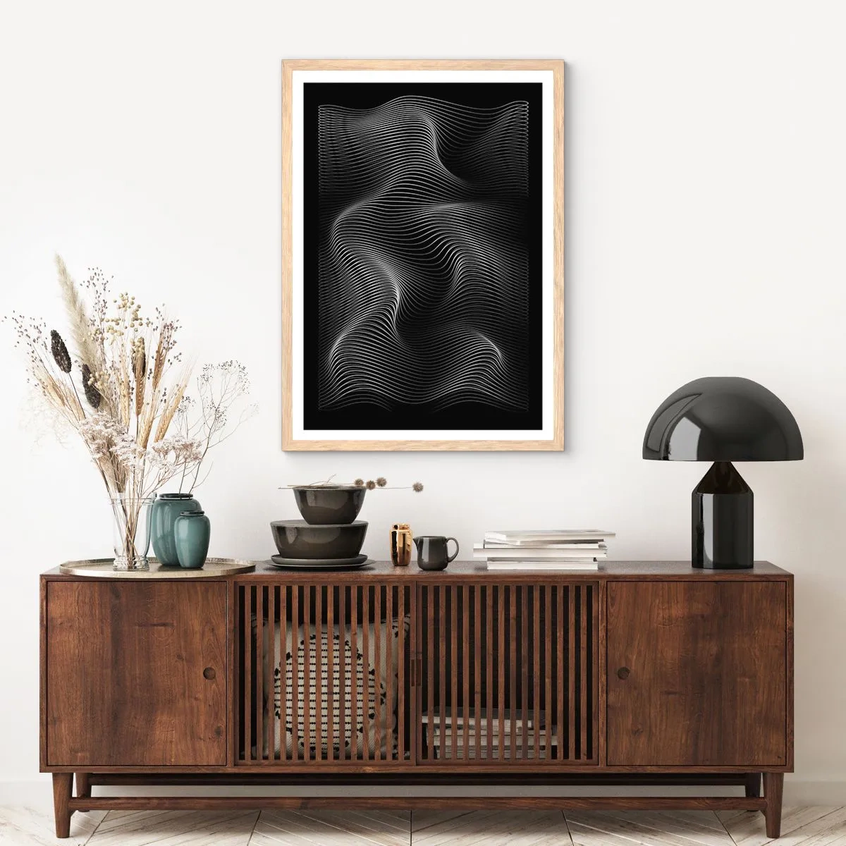 Plakát v rámu světlý dub - Tanec světla v prostoru - 70x100 cm