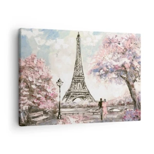 Obraz na plátně - Eiffelova věž obklopená kvetoucími stromy - 70x50cm - Dubnová procházka Paříží - Moderní nástěnná dekorace do obývacího pokoje a ložnice ARTTOR