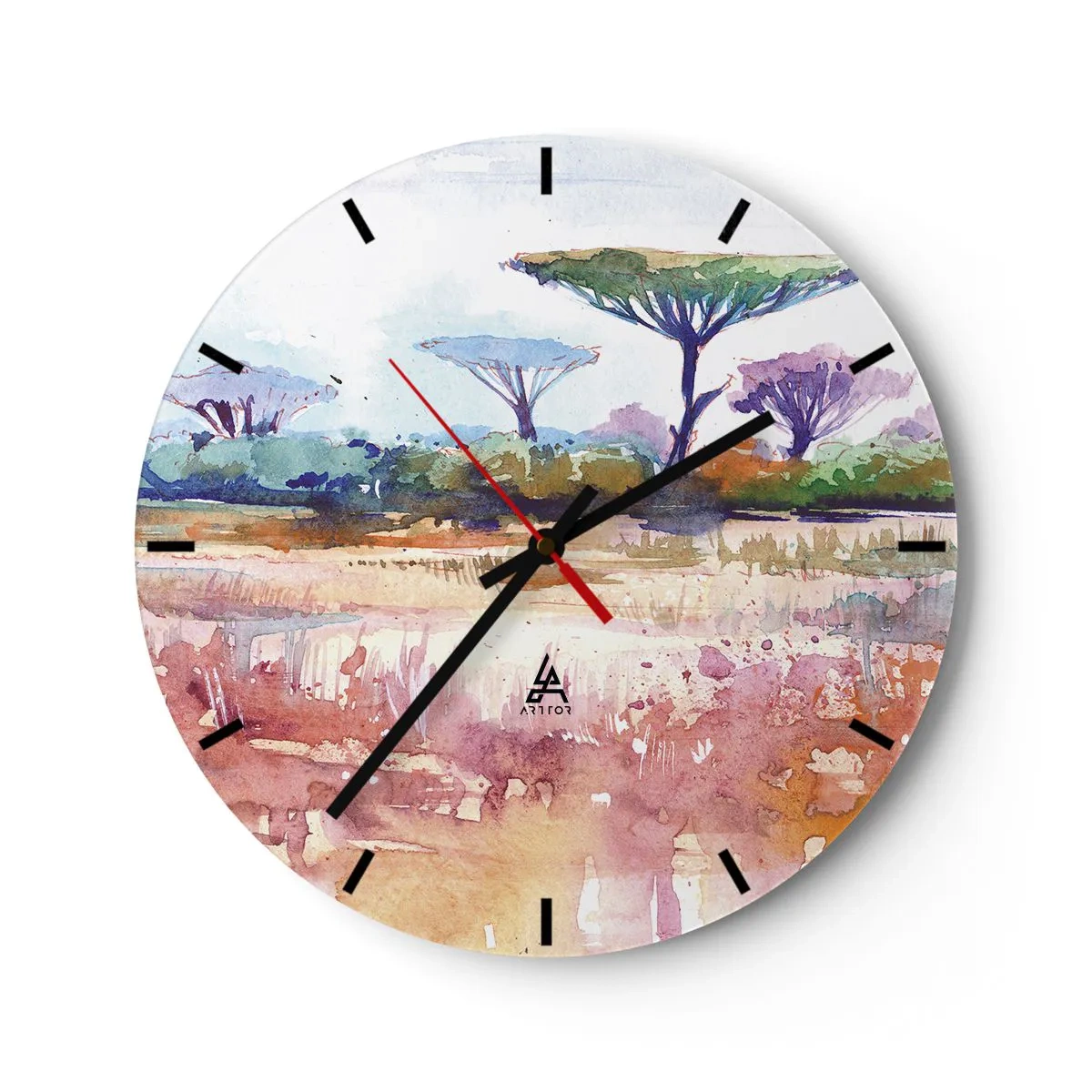 Nástěnné hodiny - Akvarelová savanní krajina s charakteristickými stromy - 30x30cm - Barvy savany - Moderní nástěnná dekorace do obývacího pokoje, kuchyně a ložnice ARTTOR