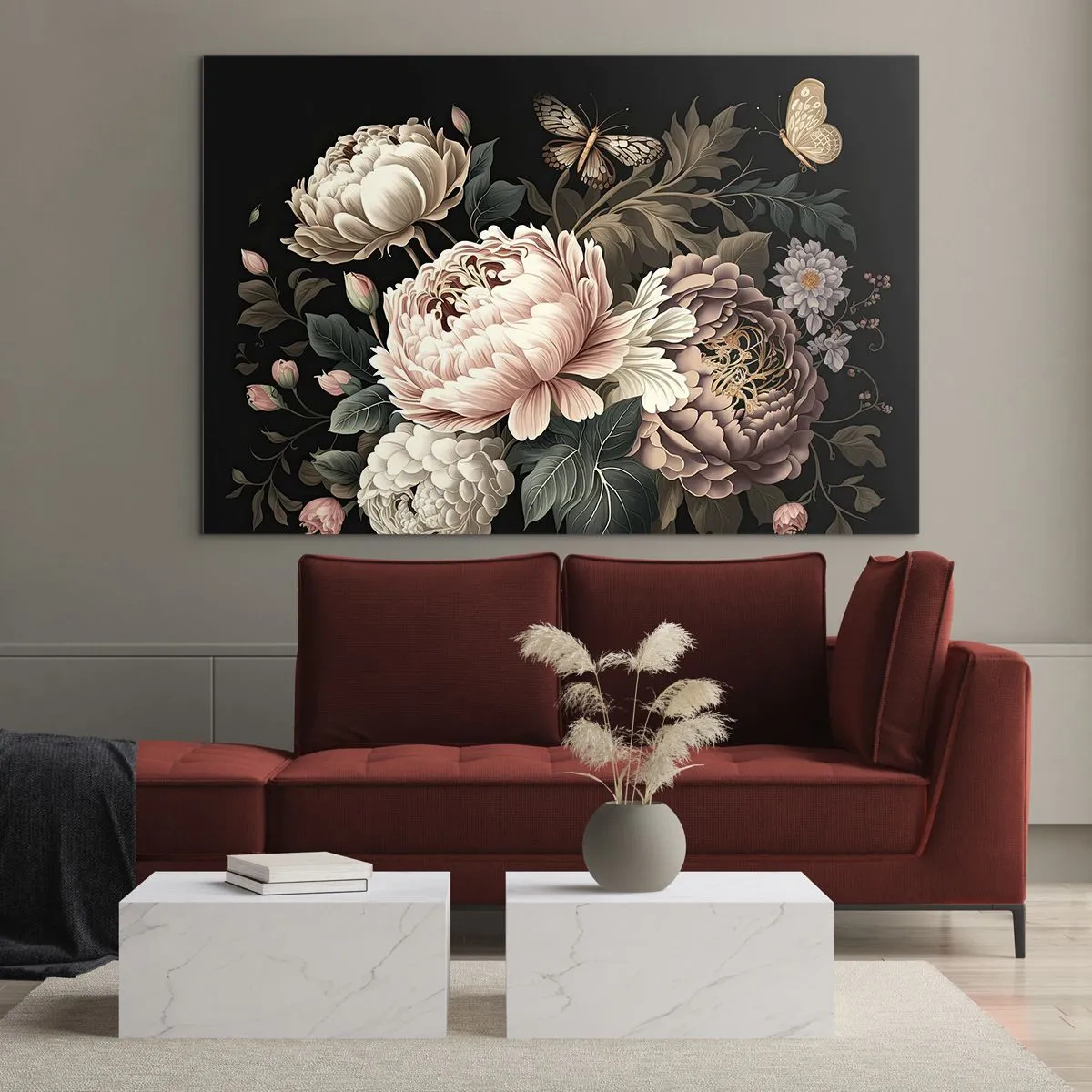Obraz na skle - Květinová kompozice s motýly na černém pozadí - 70x50cm - V barokním stylu - Moderní nástěnná dekorace do obývacího pokoje a ložnice ARTTOR