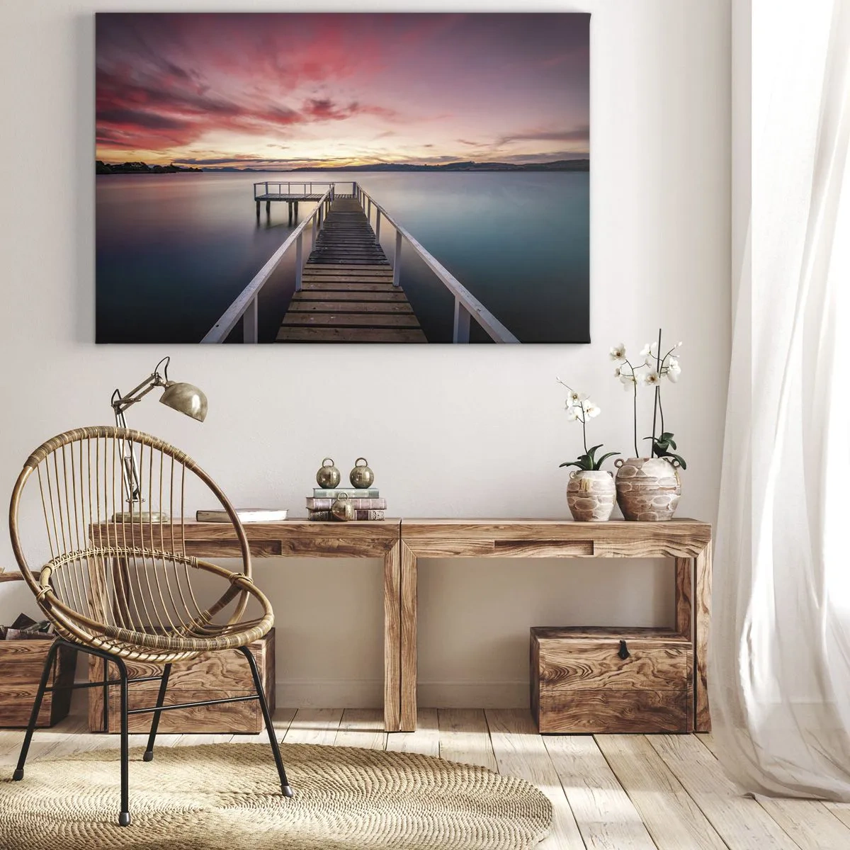 Obraz na plátně - Molo vedoucí k klidnému jezeru při západu slunce - 70x50cm - Jemný plamen večera - Moderní nástěnná dekorace do obývacího pokoje a ložnice ARTTOR