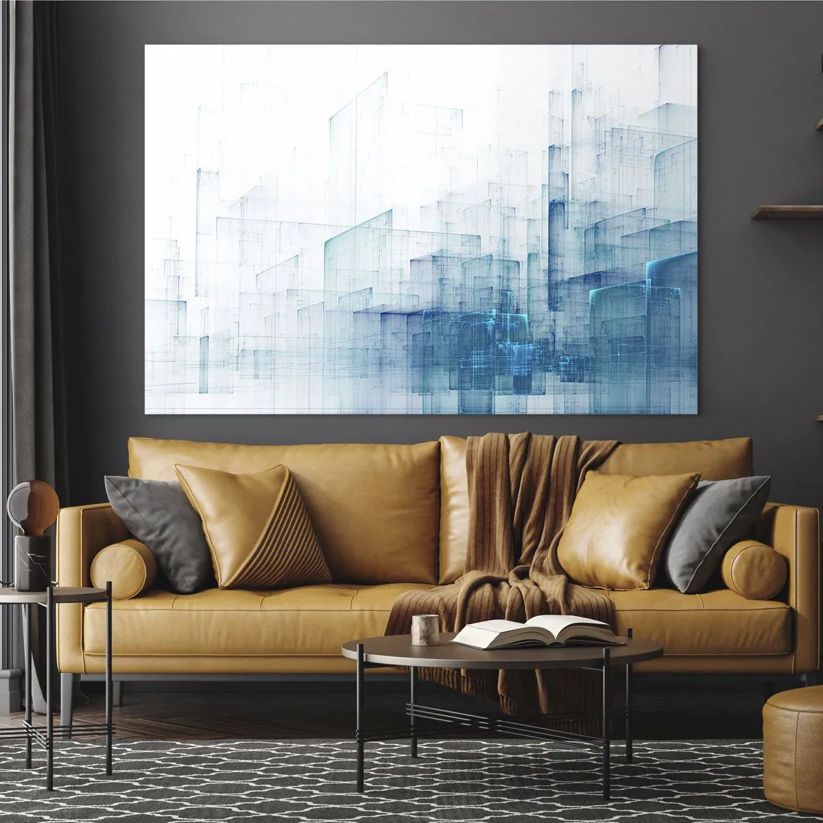 Obraz na skle - Abstraktní geometrická kompozice v odstínech modré - 70x50cm - Jak se stal prostor - Moderní nástěnná dekorace do obývacího pokoje a ložnice ARTTOR