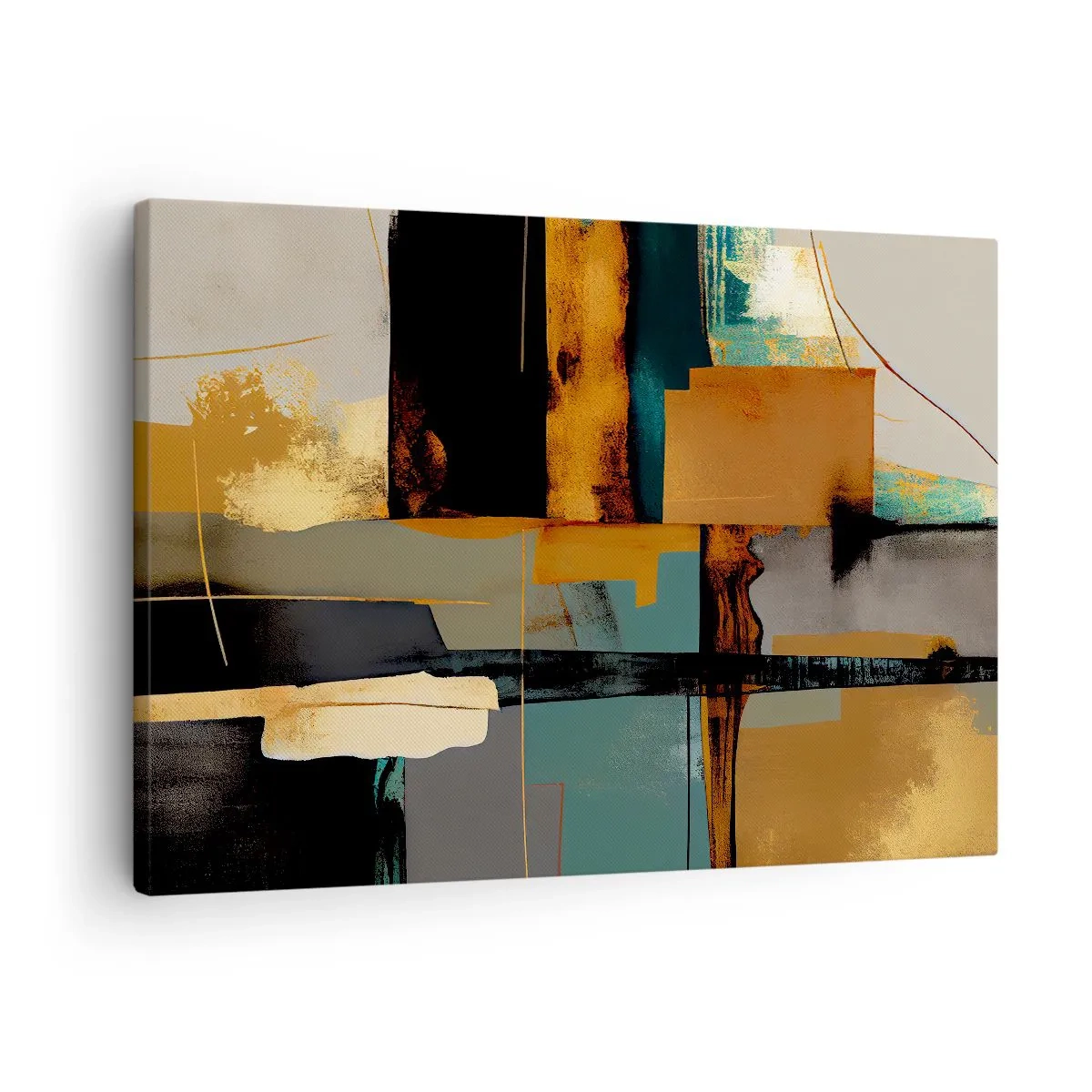 Obraz na plátně - Abstraktní kompozice se zlatými a tyrkysovými prvky - 70x50cm - Abstrakce – světlo a stín - Moderní nástěnná dekorace do obývacího pokoje a ložnice ARTTOR