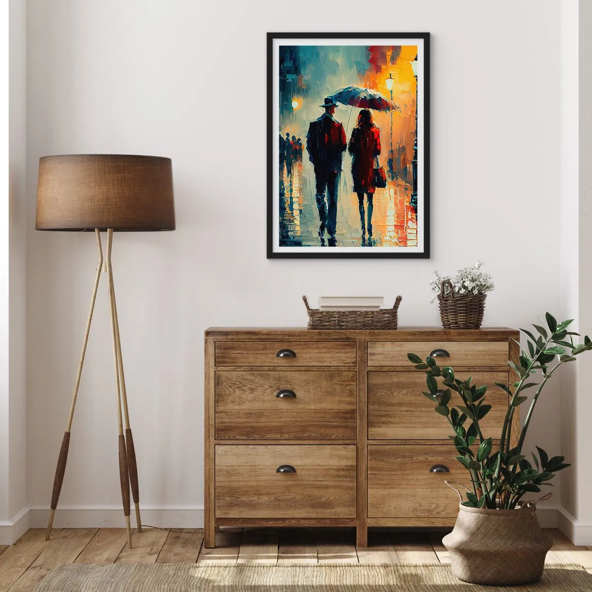Plakát v černém rámu - Romantický pár pod deštníkem v dešti - 50x70cm - Městská love story - Moderní nástěnná dekorace do obývacího pokoje a ložnice ARTTOR