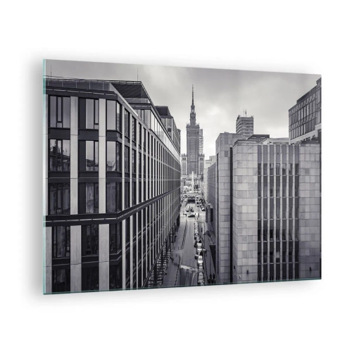 Obraz na skle - Černobílý pohled na město s mrakodrapy a ulicí - 70x50cm - Varšavské údolí - Moderní nástěnná dekorace do obývacího pokoje a ložnice ARTTOR