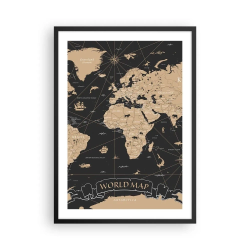 Plakát v černém rámu - Stylizovaná mapa světa v retro barvách - 50x70cm - Hranice mého světa - Moderní nástěnná dekorace do obývacího pokoje a ložnice ARTTOR