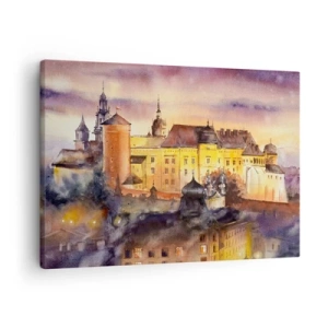 Obraz na plátně - Malebný akvarel hradu při západu slunce - 70x50cm - Historie a pohádka - Moderní nástěnná dekorace do obývacího pokoje a ložnice ARTTOR