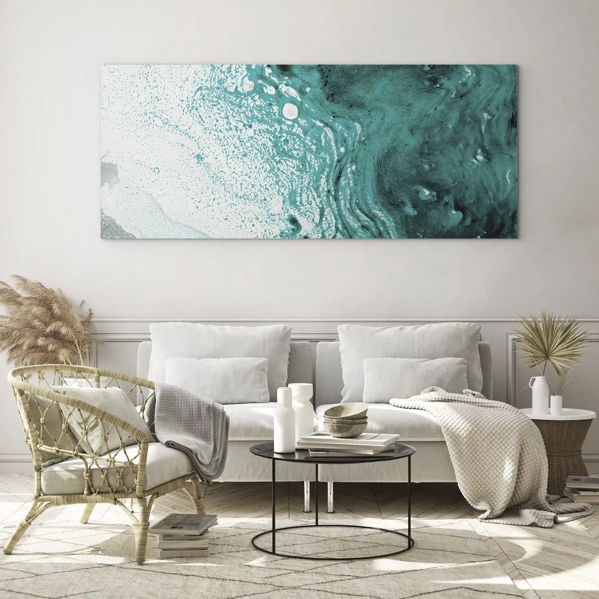 Obraz na skle - Propadnout v bílé a tyrkysové - 160x50 cm