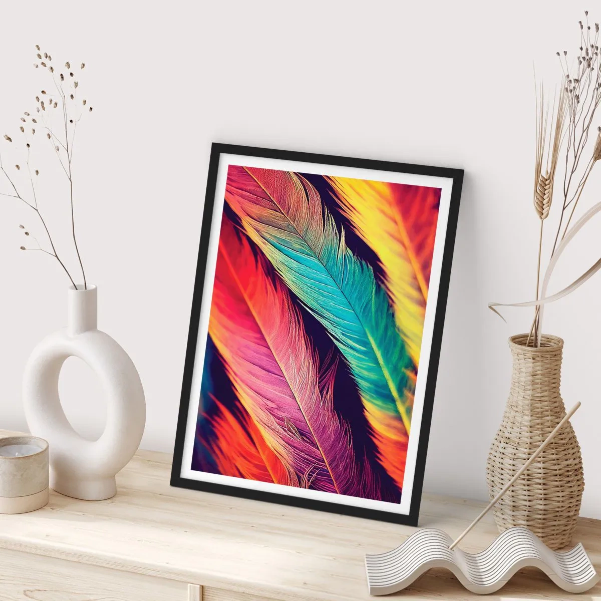 Plakát v černém rámu - Barevné peří v zářivých odstínech na tmavém pozadí - 50x70cm - Opeřená duha - Moderní nástěnná dekorace do obývacího pokoje a ložnice ARTTOR