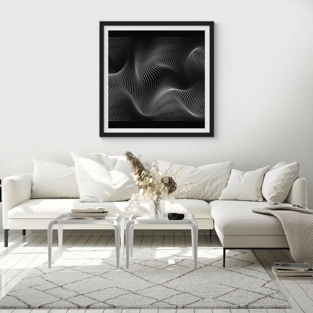 Plakát v černém rámu - Tanec světla v prostoru - 60x60 cm