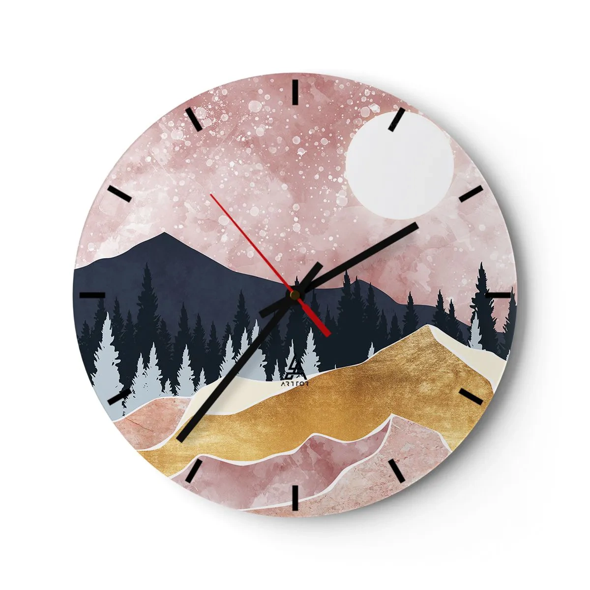 Nástěnné hodiny - Umělecká horská krajina v pastelových barvách s lesem a měsícem. - 30x30cm - Noční hlídka - Moderní nástěnná dekorace do obývacího pokoje, kuchyně a ložnice ARTTOR