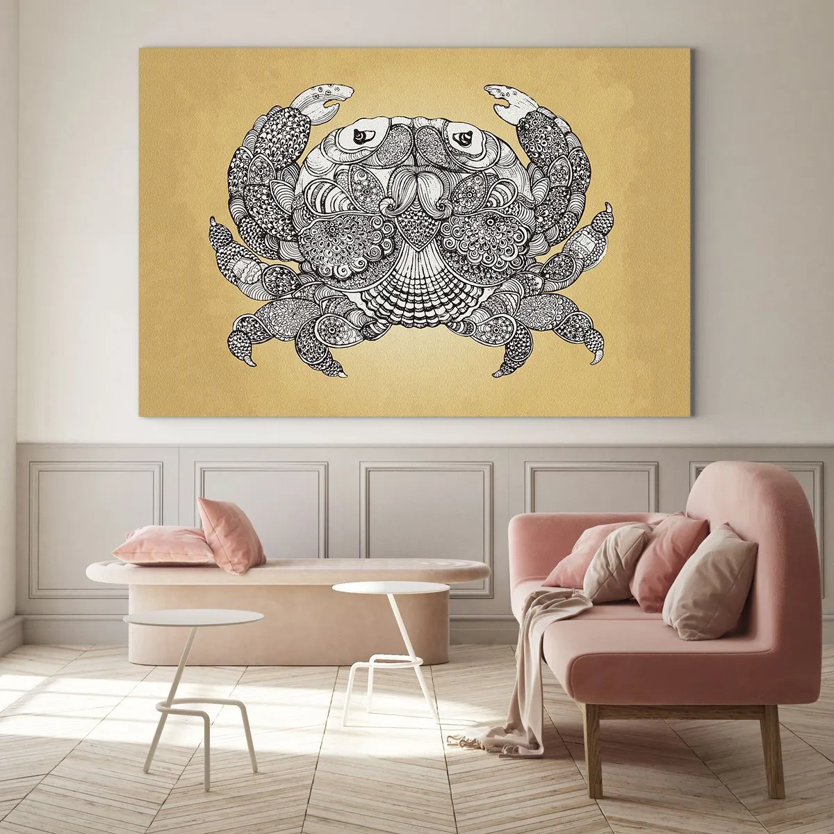 Obraz na skle - Stylizovaná kresba kraba s ornamenty na žlutém pozadí - 70x50cm - Příběhy pana Kraba - Moderní nástěnná dekorace do obývacího pokoje a ložnice ARTTOR