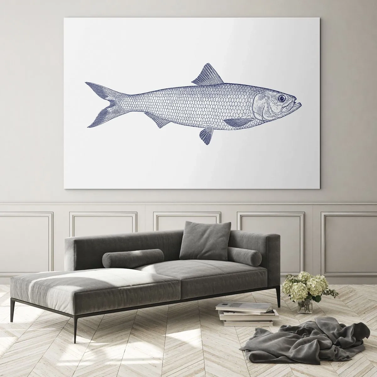 Obraz na skle - Skica ryby ve vintage stylu na světlém pozadí - 70x50cm - Pozdravy ze severních moří - Moderní nástěnná dekorace do obývacího pokoje a ložnice ARTTOR