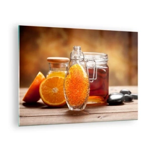 Obraz na skle - Láhev oleje a pomeranč na dřevěném stole - 70x50cm - Sluneční chutě a aromata - Moderní nástěnná dekorace do obývacího pokoje a ložnice ARTTOR
