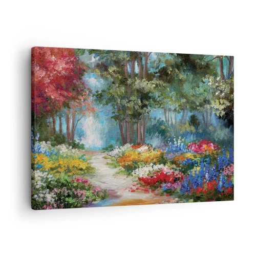 Obraz na plátně - Malebná zahrada plná barevných květin a stromů v lesním prostředí - 70x50cm - Lesní zahrada, květinový les - Moderní nástěnná dekorace do obývacího pokoje a ložnice ARTTOR