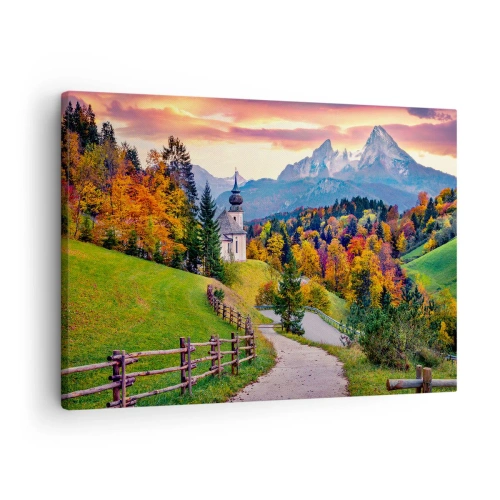 Obraz na plátně - Podzimní horská krajina s kaplí a západem slunce - 70x50cm - Naprosto ideální krajina - Moderní nástěnná dekorace do obývacího pokoje a ložnice ARTTOR