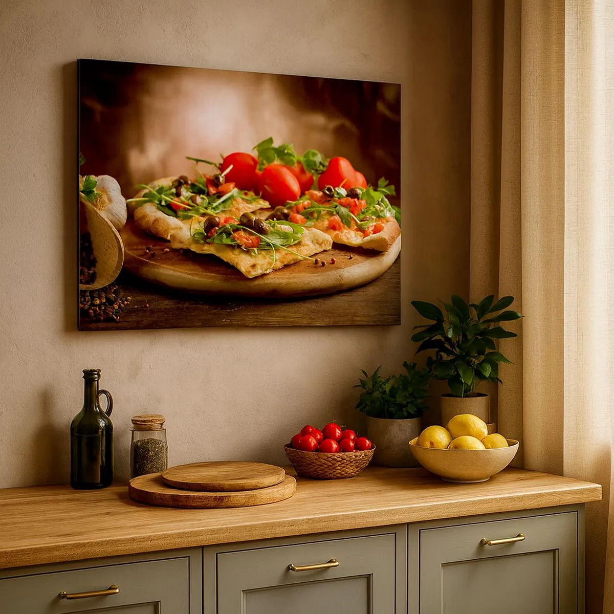 Obraz na plátně - Pizza se zeleninou na dřevěném prkénku v rustikálním stylu - 70x50cm - Přímo z pece a ze zahrady - Moderní nástěnná dekorace do obývacího pokoje a ložnice ARTTOR