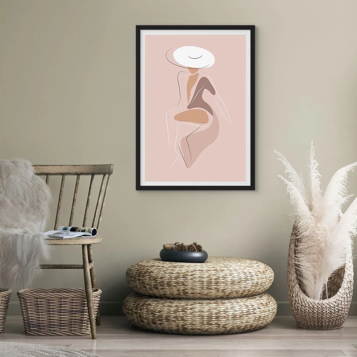 Plakát v černém rámu - Minimalistický obrázek ženy v klobouku na béžovém pozadí. - 50x70cm - Jak vypadá pravá dáma? - Moderní nástěnná dekorace do obývacího pokoje a ložnice ARTTOR