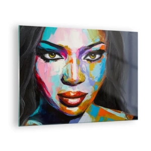 Obraz na skle - Barevný portrét ženy v osobitém stylu - 70x50cm - Nejde odtrhnout oči - Moderní nástěnná dekorace do obývacího pokoje a ložnice ARTTOR