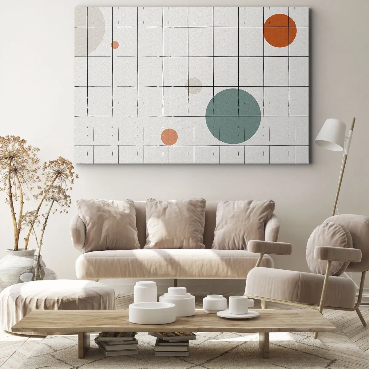 Obraz na plátně - Abstraktní barevné kruhy na pozadí geometrické mřížky - 70x50cm - V pasti. My nebo ony? - Moderní nástěnná dekorace do obývacího pokoje a ložnice ARTTOR