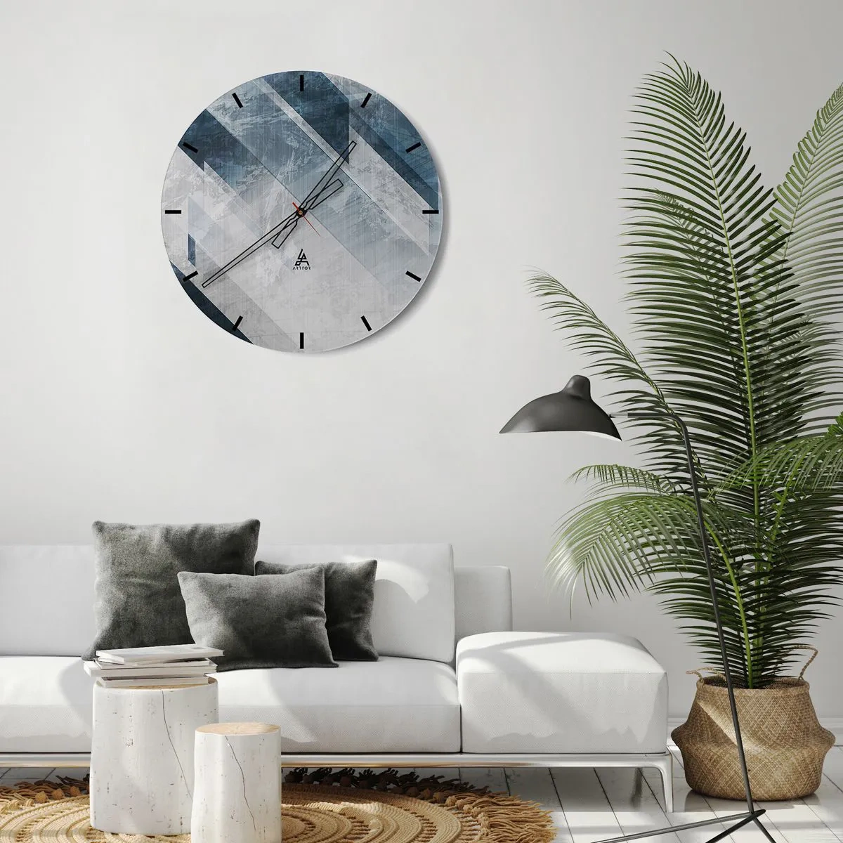 Nástěnné hodiny - Geometrické pruhy v odstínech šedé a tmavě modré vytvářejí hloubku - 30x30cm - Prostorová kompozice – pohyb šedé - Moderní nástěnná dekorace do obývacího pokoje, kuchyně a ložnice ARTTOR