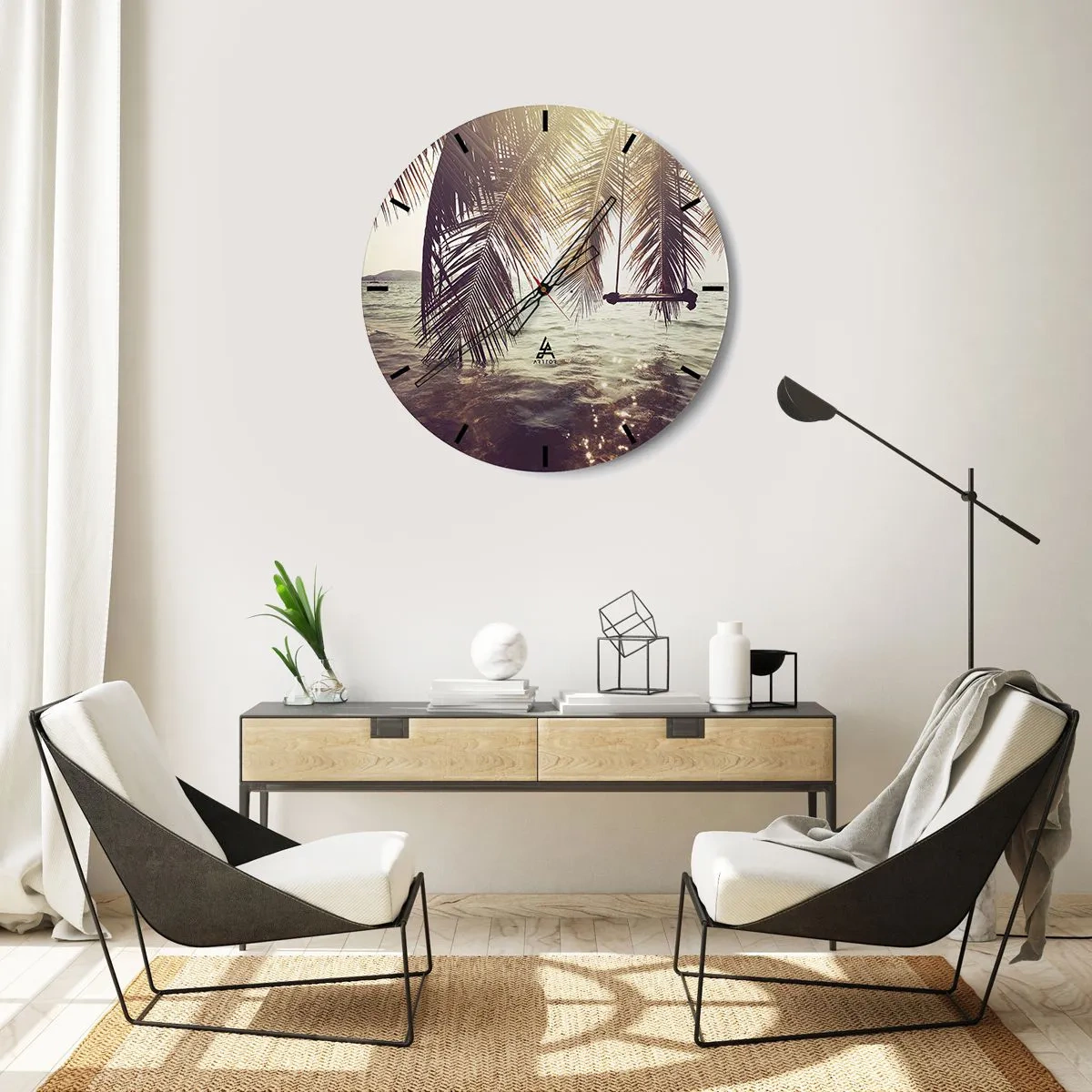 Nástěnné hodiny - Houpací sítě a palmy nad vodou při západu slunce - 30x30cm - Houpat se libovolně v oblacích - Moderní nástěnná dekorace do obývacího pokoje, kuchyně a ložnice ARTTOR