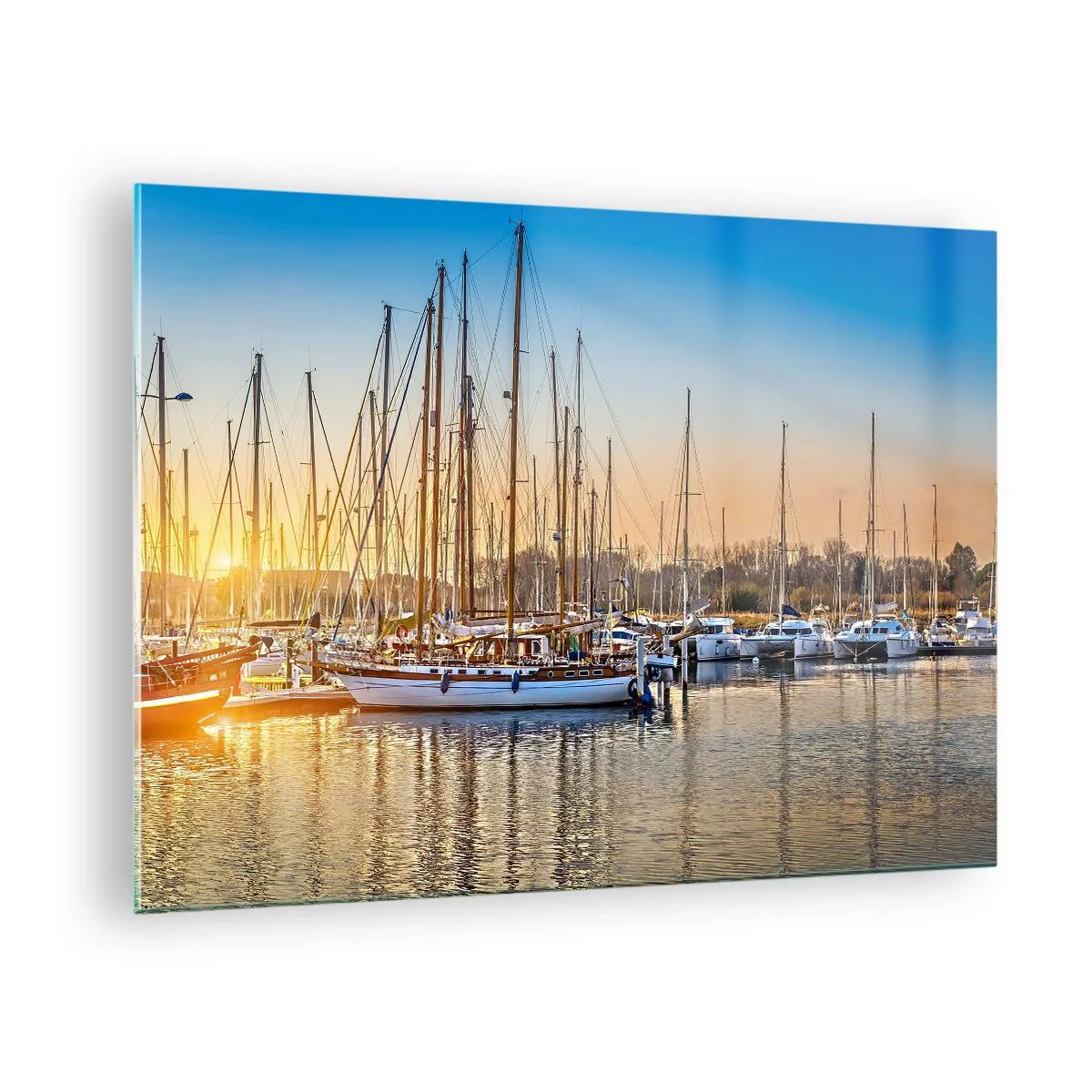 Obraz na skle - Přístav plný plachetnic ve světle zapadajícího slunce - 70x50cm - Vítr musí taky spát - Moderní nástěnná dekorace do obývacího pokoje a ložnice ARTTOR