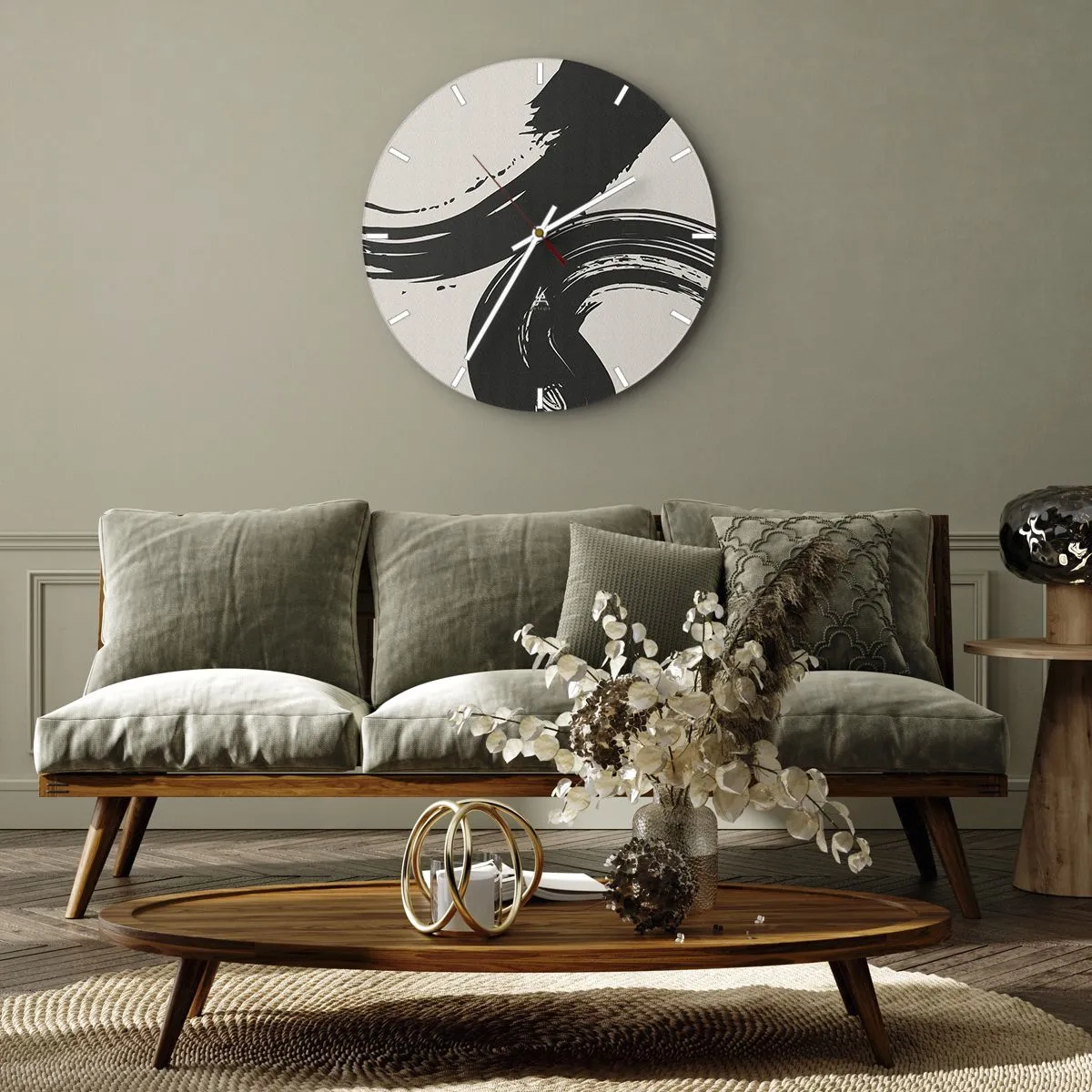 Nástěnné hodiny - Černé rozmáchlé tahy na světlém pozadí - 30x30cm - Rozmáchle a dokola - Moderní nástěnná dekorace do obývacího pokoje, kuchyně a ložnice ARTTOR