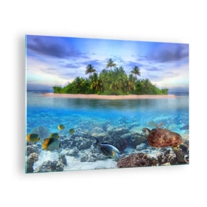 Obraz na skle - Tropický ostrov s korálovým útesem a mořským životem - 70x50cm - Nebeský ostrov zve - Moderní nástěnná dekorace do obývacího pokoje a ložnice ARTTOR