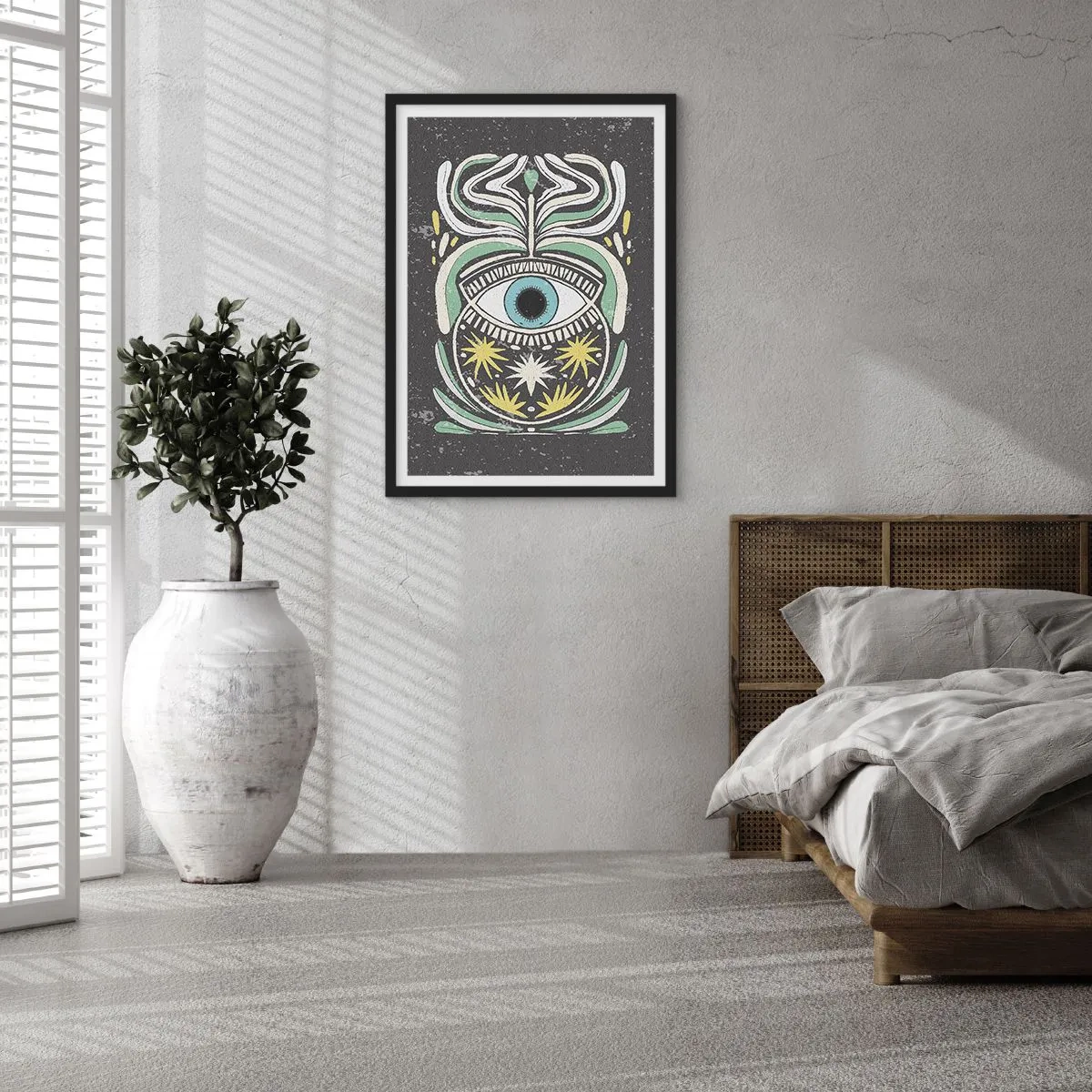 Plakát v černém rámu - Symbolické oko obklopené rostlinnými vzory na tmavém pozadí. - 50x70cm - Kmenové rituály - Moderní nástěnná dekorace do obývacího pokoje a ložnice ARTTOR