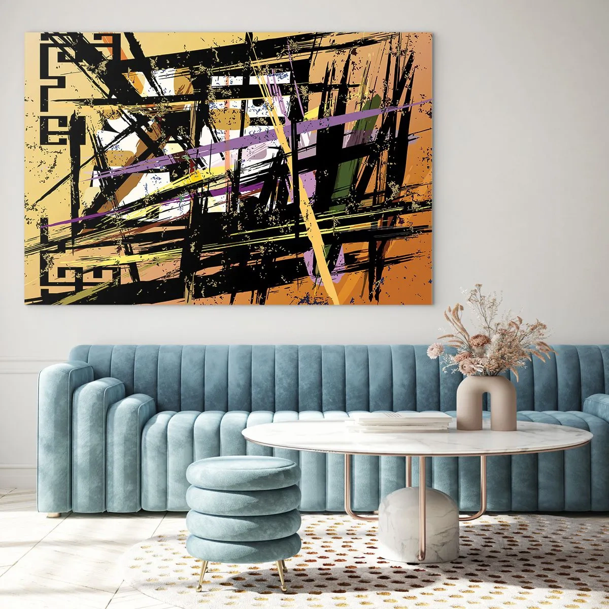 Obraz na skle - Abstraktní geometrická kompozice v ostrých liniích - 70x50cm - Ostrý řez - Moderní nástěnná dekorace do obývacího pokoje a ložnice ARTTOR