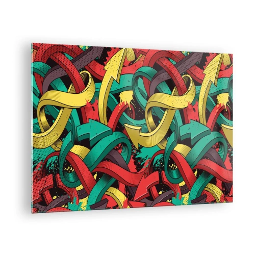 Obraz na skle - Barevná abstrakce s dynamickými šipkami a pohybem - 70x50cm - Kudy do cíle? - Moderní nástěnná dekorace do obývacího pokoje a ložnice ARTTOR