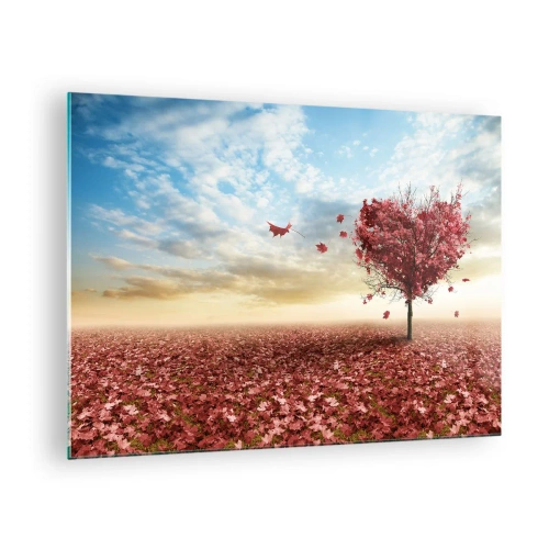 Obraz na skle - Strom ve tvaru srdce proti poli červených listů - 70x50cm - Zamiluj si také podzim - Moderní nástěnná dekorace do obývacího pokoje a ložnice ARTTOR