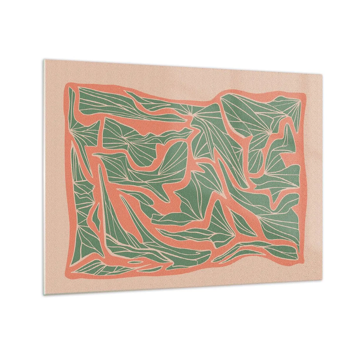 Obraz na skle - Zelené listové formy obklopené korálovým rámem na béžovém pozadí - 70x50cm - Souboj korálů a zeleně - Moderní nástěnná dekorace do obývacího pokoje a ložnice ARTTOR