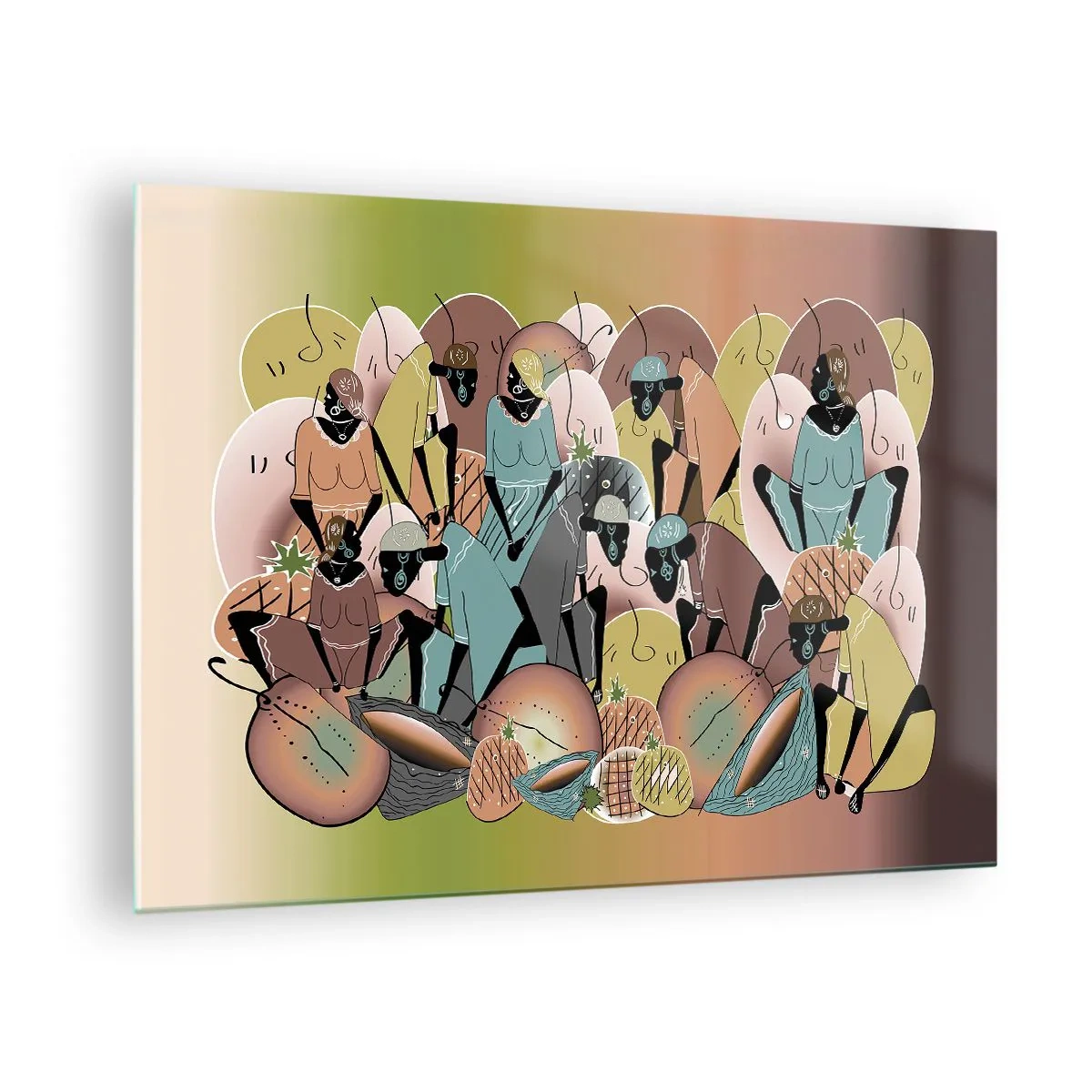 Obraz na skle - Abstraktní ilustrace postav v odstínech béžové, zelené a růžové. - 70x50cm - Blíží se velký svátek - Moderní nástěnná dekorace do obývacího pokoje a ložnice ARTTOR