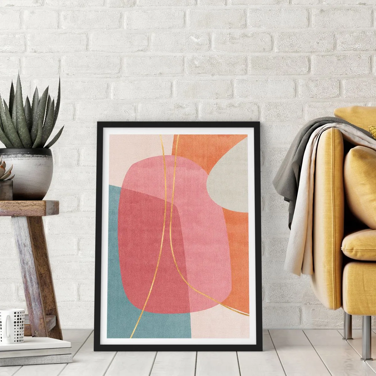Plakát v černém rámu - Barevná abstrakce s geometrickými tvary a zlatými liniemi - 50x70cm - Pastelová kompozice se zlatou nití - Moderní nástěnná dekorace do obývacího pokoje a ložnice ARTTOR