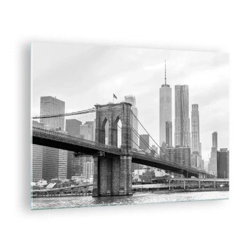 Obraz na skle - Černobílá fotografie mostu a městské krajiny - 70x50cm - Newyorské zázraky - Moderní nástěnná dekorace do obývacího pokoje a ložnice ARTTOR