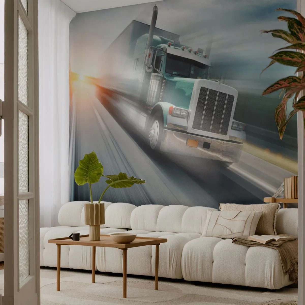 Fototapeta Standard Eco - Nákladní auto jedoucí po dálnici do západu slunce - 100x70cm - Americký obr v rychlosti - Moderní nástěnná dekorace do obývacího pokoje a ložnice ARTTOR