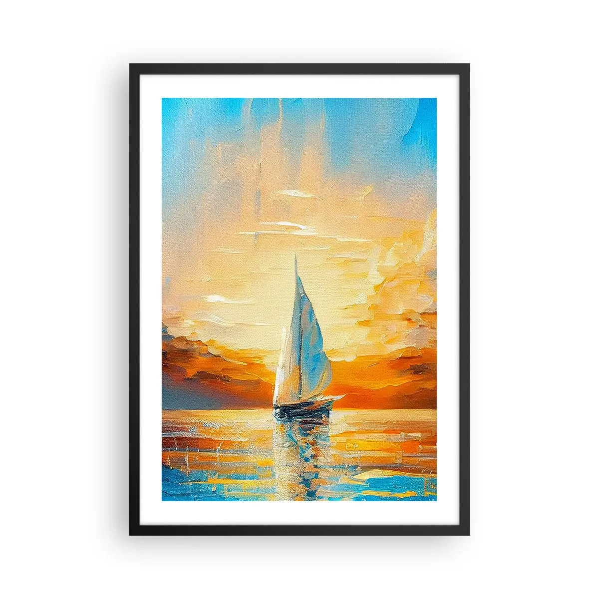Plakát v černém rámu - Plachetnice na pozadí zlatého západu slunce - 50x70cm - Plavba ve zlatě - Moderní nástěnná dekorace do obývacího pokoje a ložnice ARTTOR