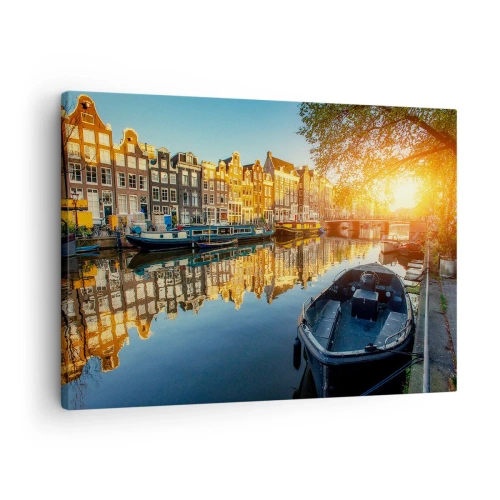 Obraz na plátně - Amsterdamský kanál při západu slunce - 70x50cm - Ráno v Amsterdamu - Moderní nástěnná dekorace do obývacího pokoje a ložnice ARTTOR