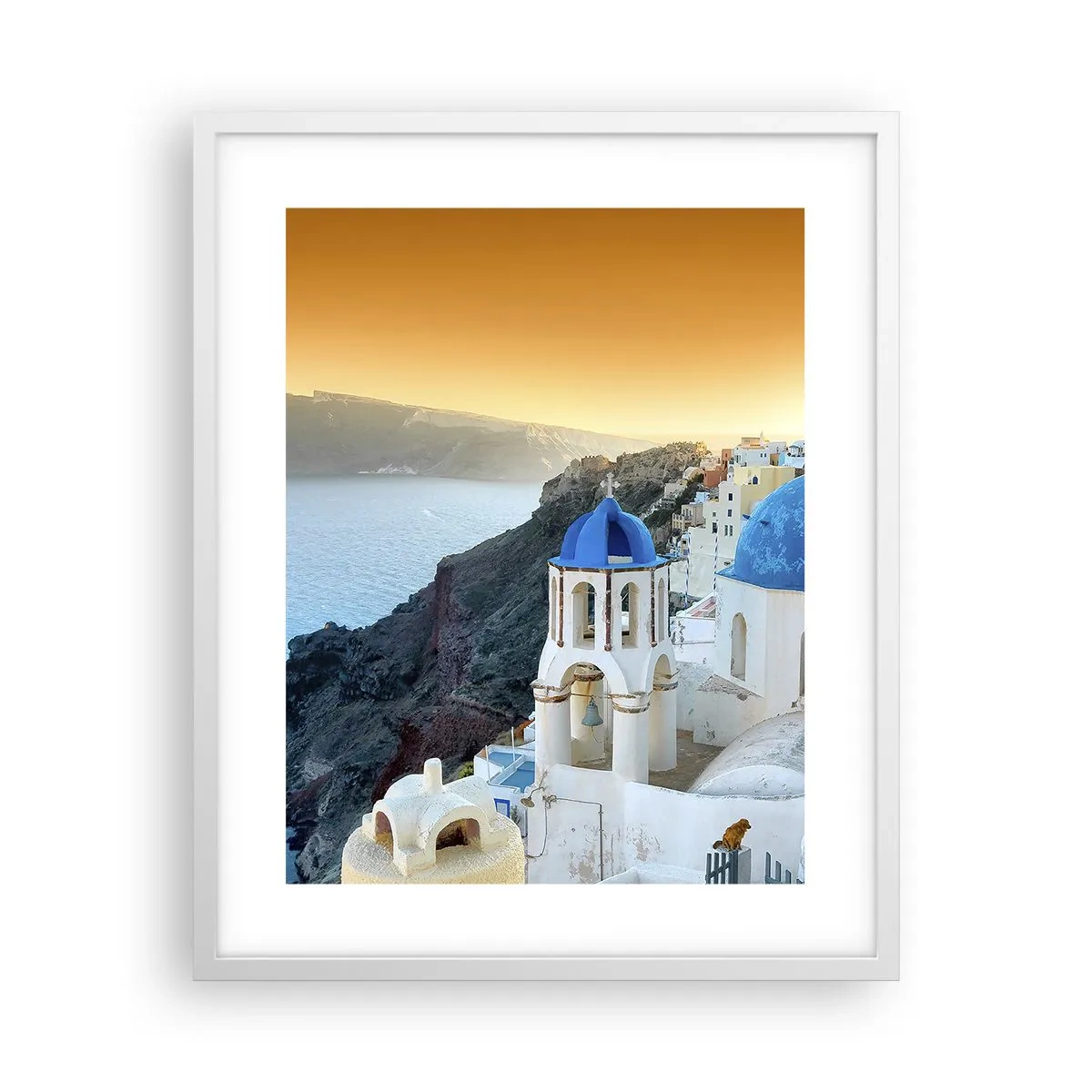 Plakát v bílém rámu - Santorini - přitulené ke skalám - 40x50 cm