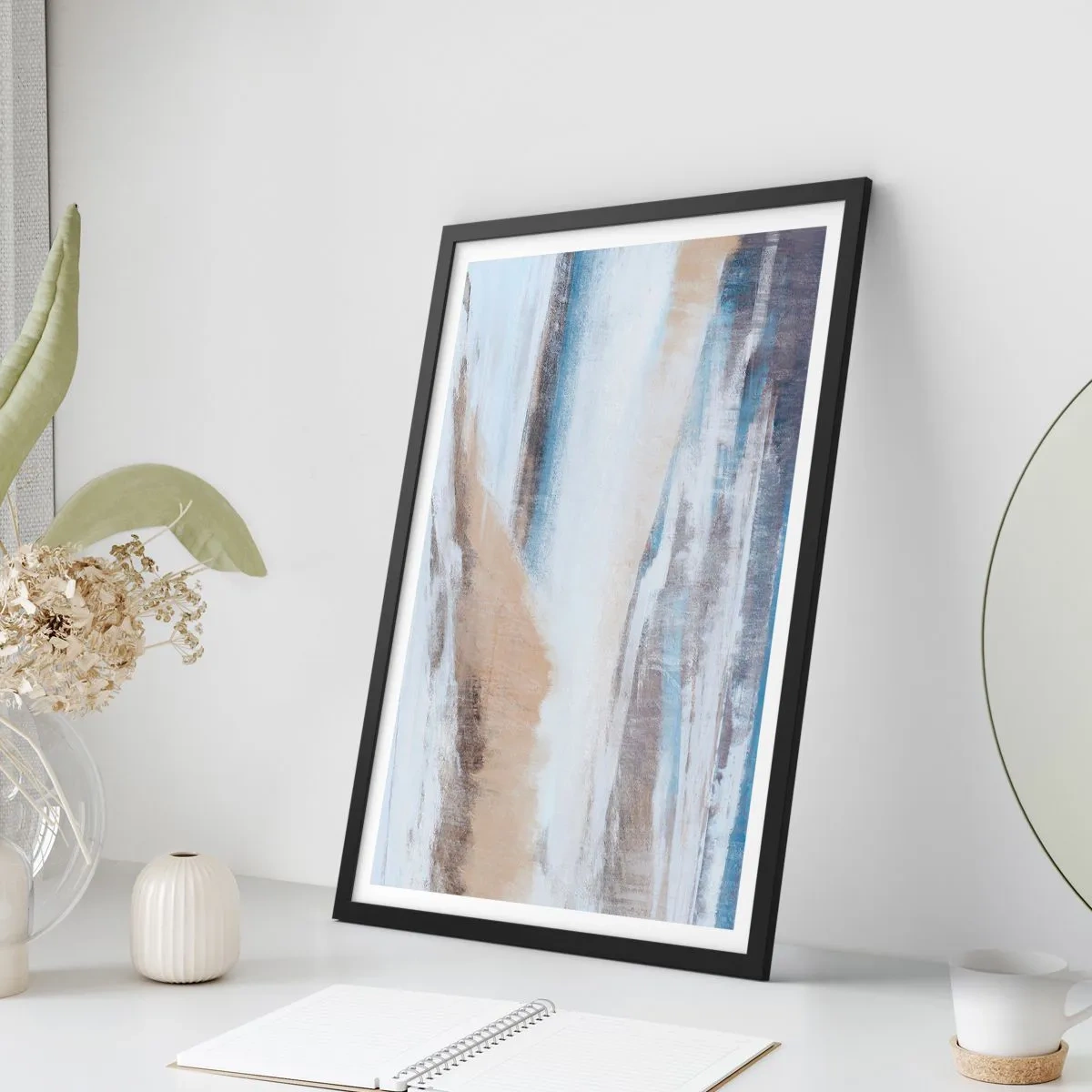 Plakát v černém rámu - Abstraktní kompozice v odstínech modré a béžové - 50x70cm - Zimní kompozice - Moderní nástěnná dekorace do obývacího pokoje a ložnice ARTTOR