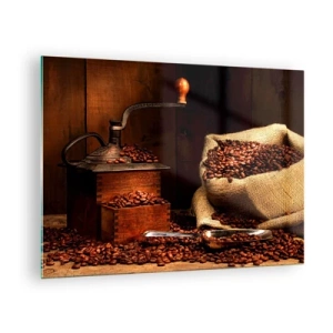 Obraz na skle - Starý mlýnek na kávu s kávovými zrny a sáčkem kávy - 70x50cm - Zátiší se zrnky kávy a mlýnkem - Moderní nástěnná dekorace do obývacího pokoje a ložnice ARTTOR
